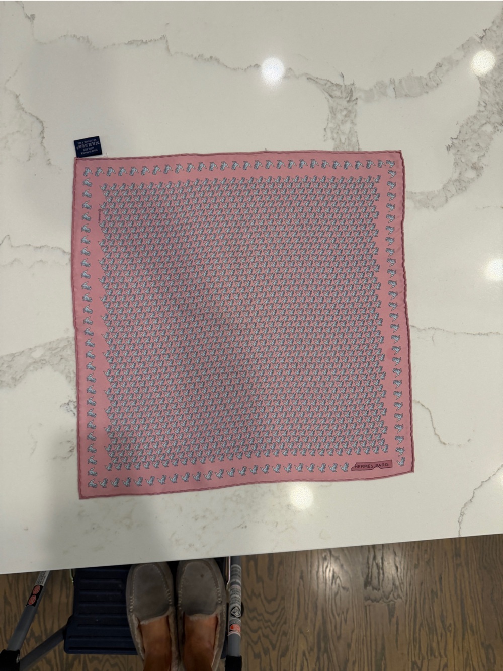 Hermes Pink Printed Silk Square Scarf w/ lots of mini dinosaurs